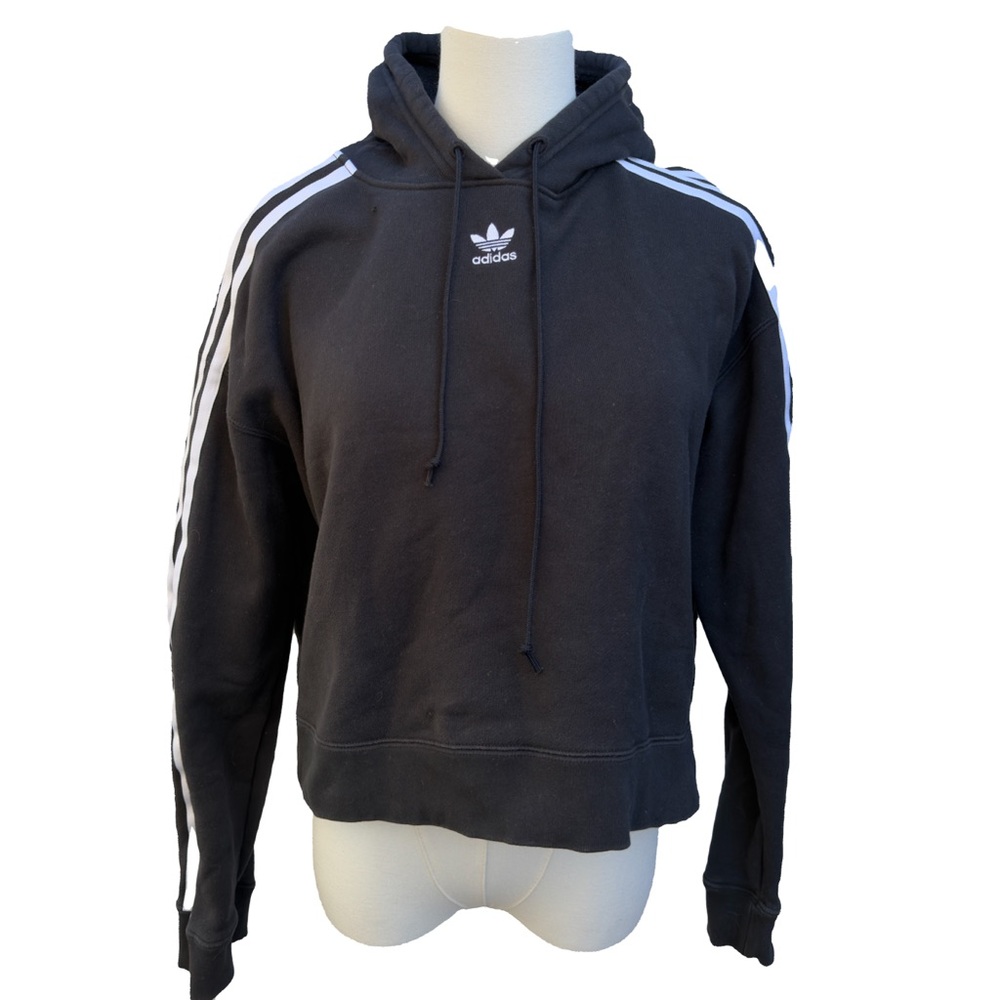 adidas Originals Cropped Hoodie Black Trefoil 3-Stripe Pullover Sweatshirt